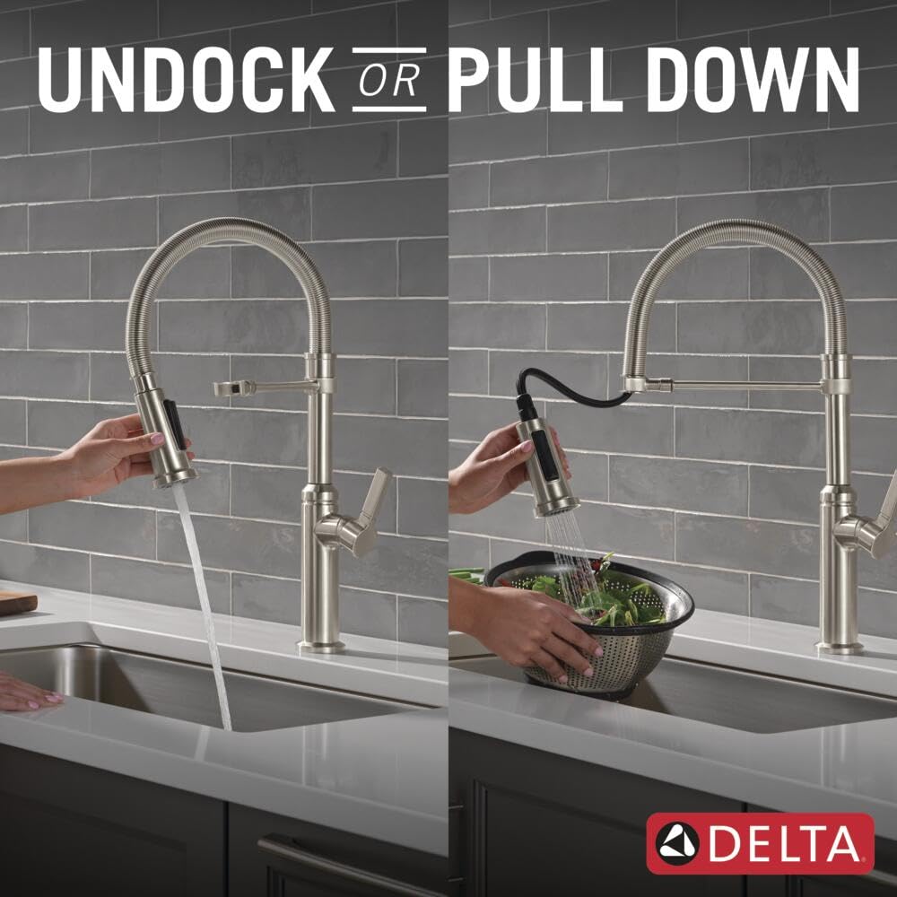 Delta Faucet Rhett Pro Commercial Style Kitchen Faucet with Pull Down Sprayer, Gold Commercial Kitchen Faucet, Spring Kitchen Faucet, Delta Kitchen Sink Faucet, Champagne Bronze 18829-CZ-DST