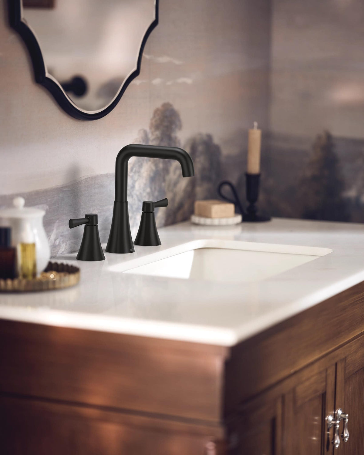 Moen Ronan Matte Black Double Bend Single Hole Modern Bathroom Sink Faucet with Optional Deckplate and Spring Loaded Drain Assembly, 84024BL