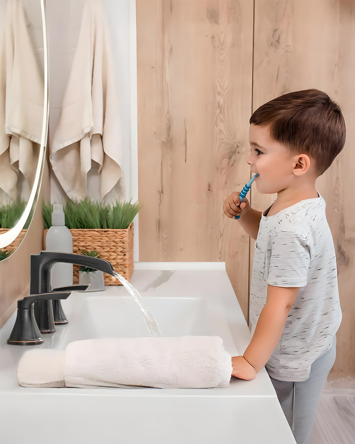 Fapully Brushed Nickel Bathroom Faucet 3 Hole, Waterfall 8 Inch Widespread Bathroom Sink Faucet with Pop-up Drain, Two-Handle Faucet for Bathroom Sink