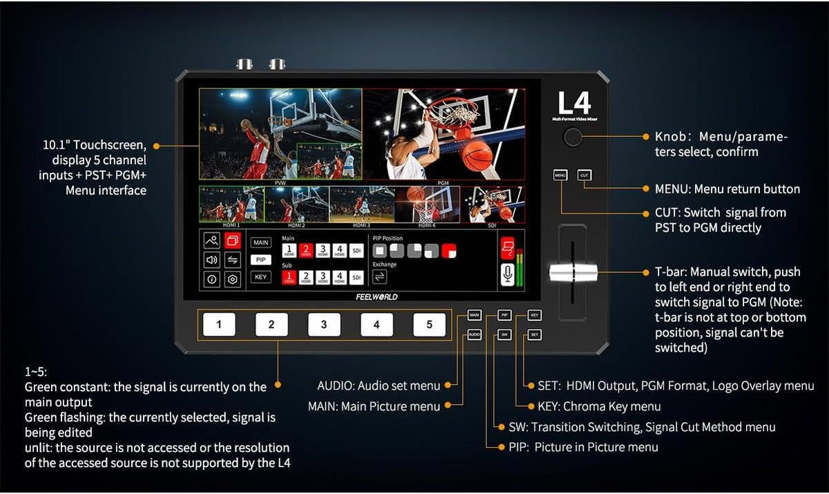 FEELWORLD L4 Multi Camera Video Mixer Switcher with 10.1 Inch Touchscreen Chroma Key 4X HDMI 1x SDI Input USB3.0 Output