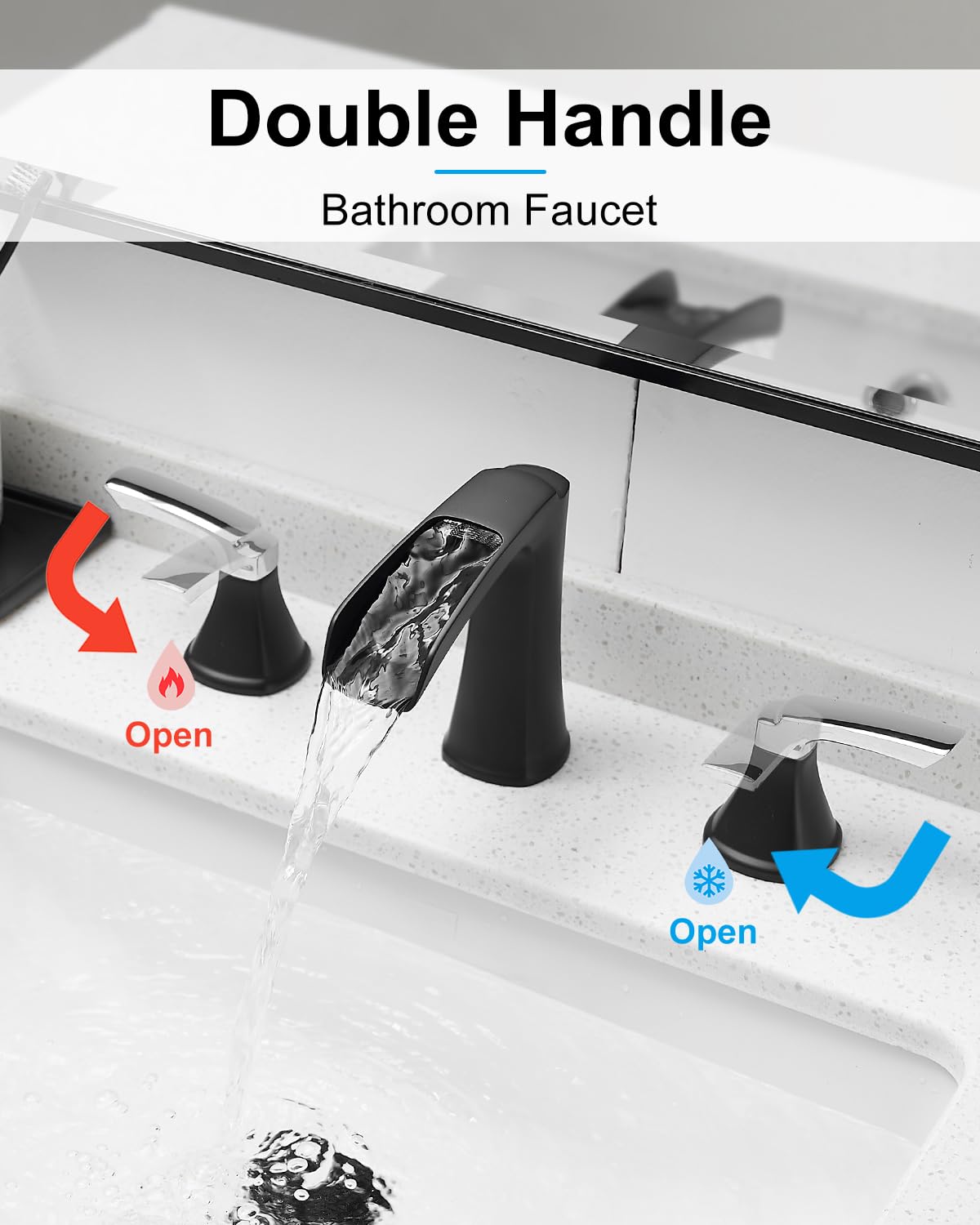 Fapully Brushed Nickel Bathroom Faucet 3 Hole, Waterfall 8 Inch Widespread Bathroom Sink Faucet with Pop-up Drain, Two-Handle Faucet for Bathroom Sink