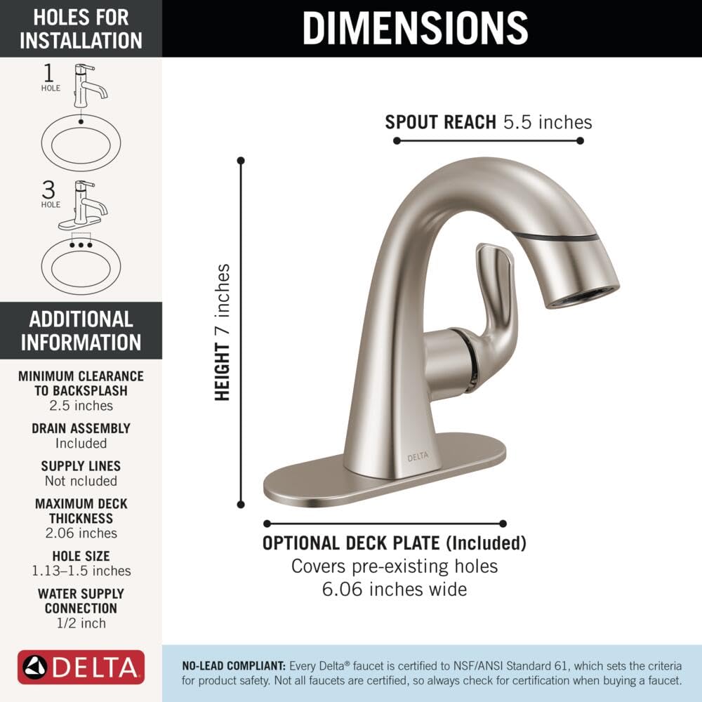 Delta Arvo Brushed Nickel Bathroom Faucet 1 Hole, Single Hole Bathroom Sink Faucet for Vanity, Push-Pop Drain Assembly, Spotshield Stainless 15840LF-SP