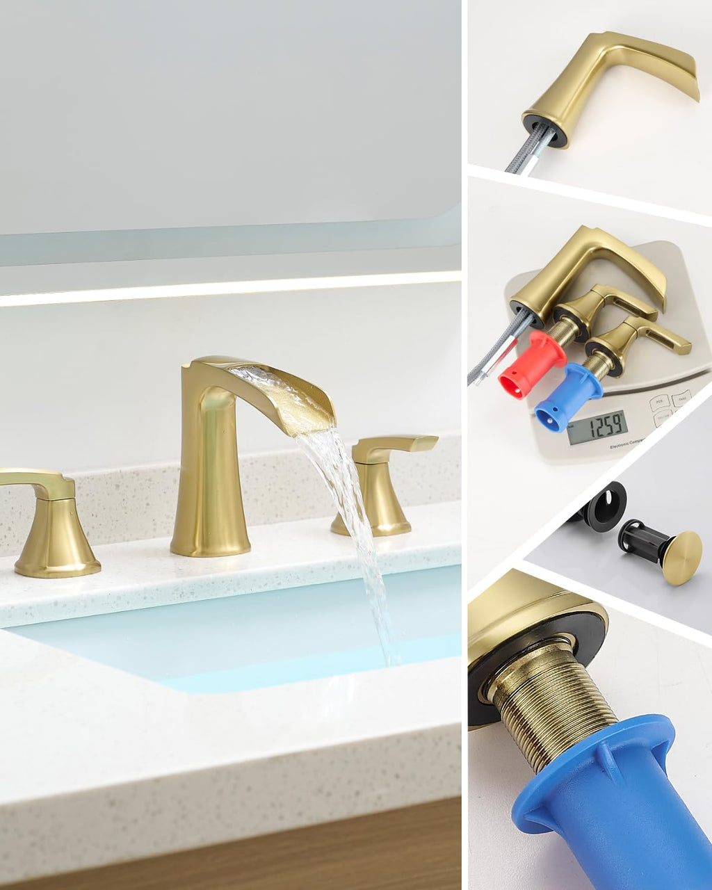 Fapully Brushed Nickel Bathroom Faucet 3 Hole, Waterfall 8 Inch Widespread Bathroom Sink Faucet with Pop-up Drain, Two-Handle Faucet for Bathroom Sink