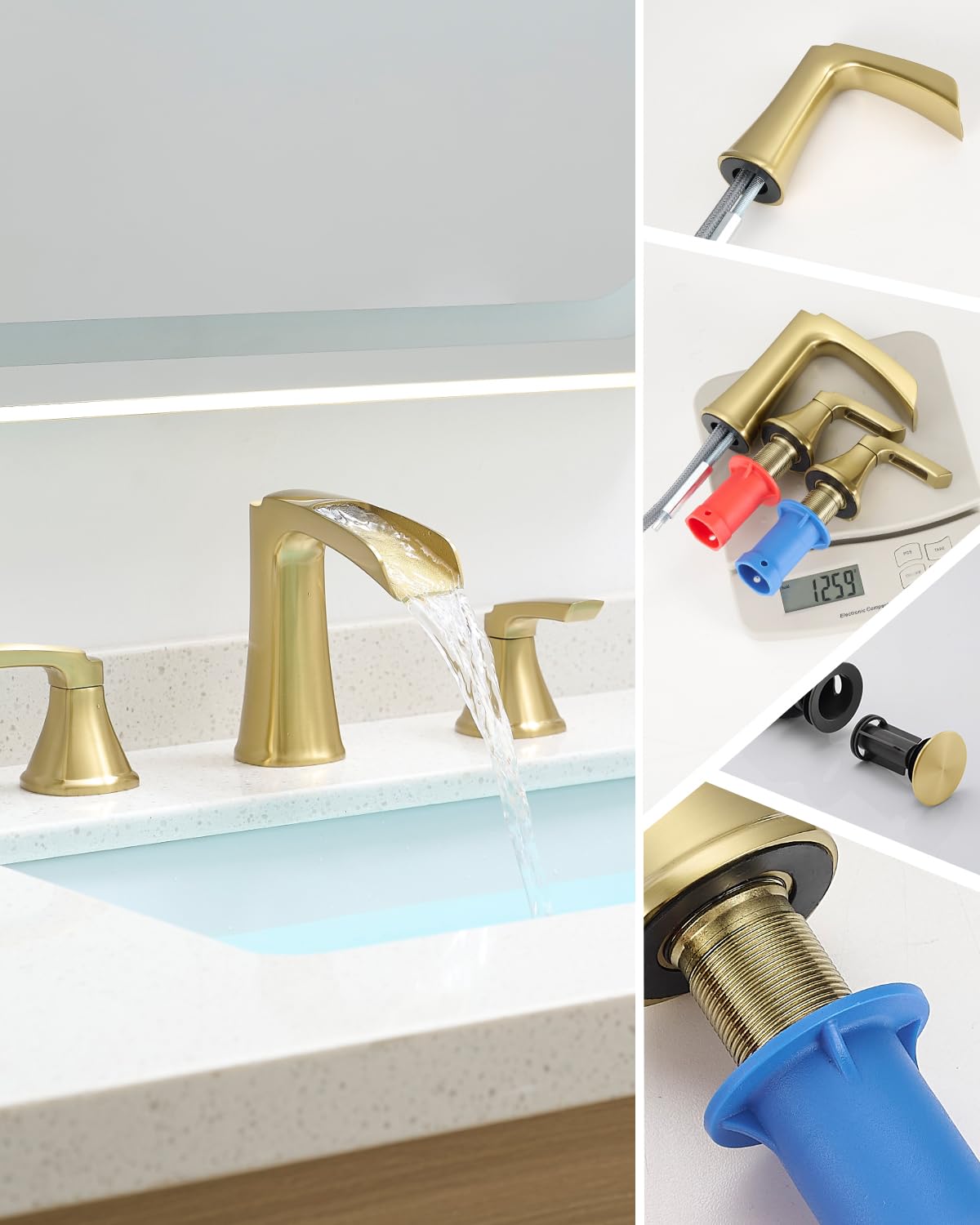 Fapully Brushed Nickel Bathroom Faucet 3 Hole, Waterfall 8 Inch Widespread Bathroom Sink Faucet with Pop-up Drain, Two-Handle Faucet for Bathroom Sink