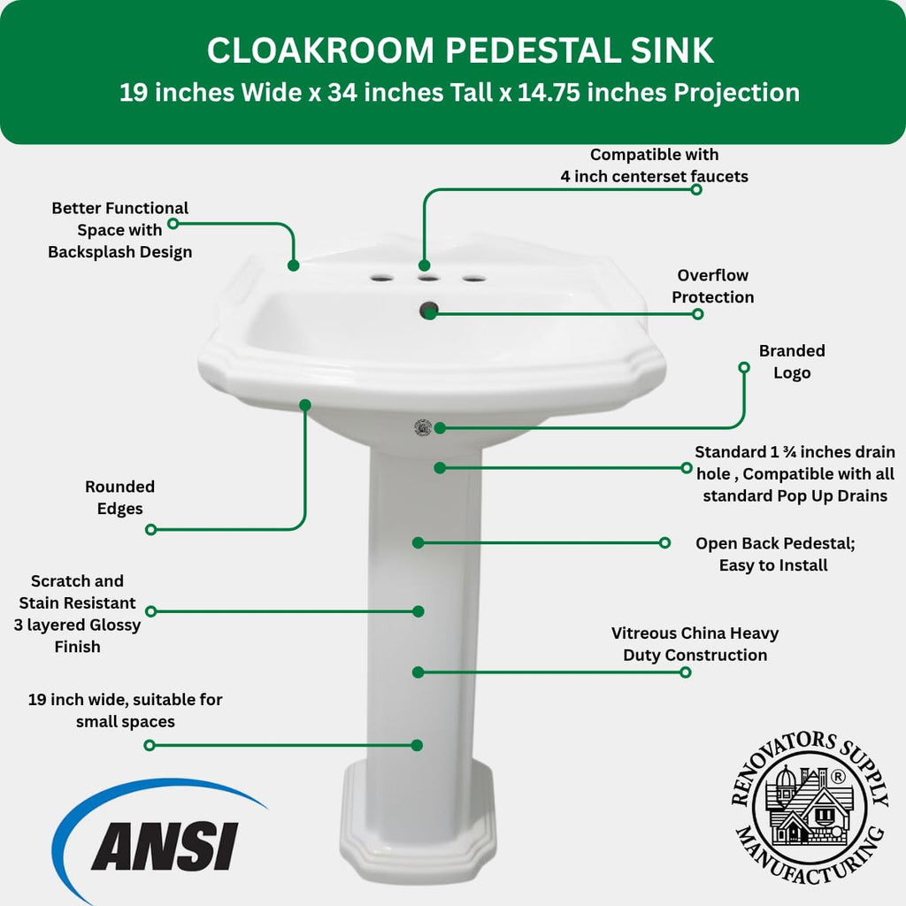 Renovators Supply Manufacturing Ondine Space Saving 16" W x 33" H x 14.5" Proj. Small Bathroom Pedestal Sink, Vitreous China, with Overflow, Compatible with 4 in. Centerset Faucets