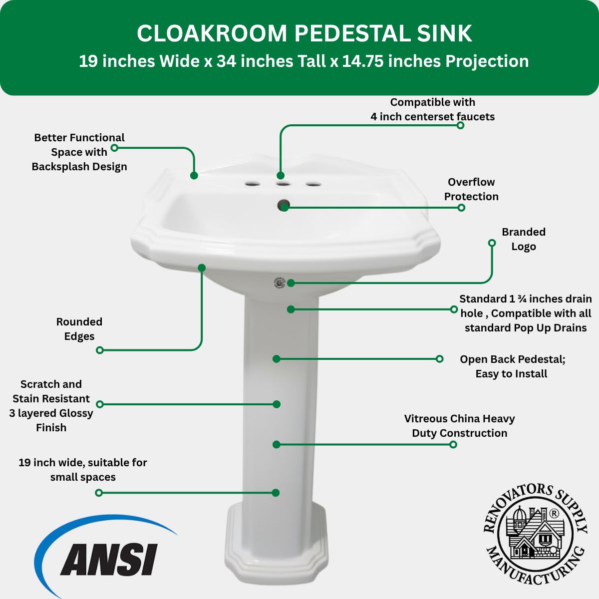 Renovators Supply Manufacturing Ondine Space Saving 16" W x 33" H x 14.5" Proj. Small Bathroom Pedestal Sink, Vitreous China, with Overflow, Compatible with 4 in. Centerset Faucets