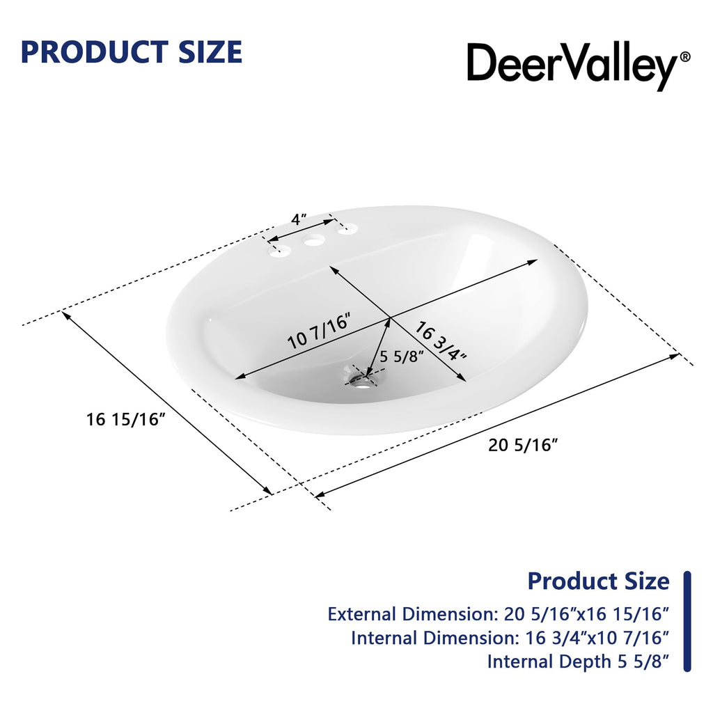 DeerValley Drop In Bathroom Sink White 21"x18" Rectangle Sleek 3-Hole Basin