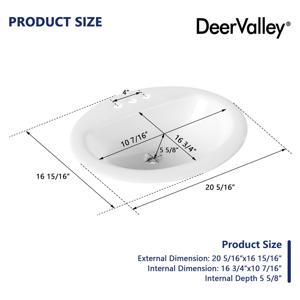 DeerValley Drop In Bathroom Sink White 21"x18" Rectangle Sleek 3-Hole Basin