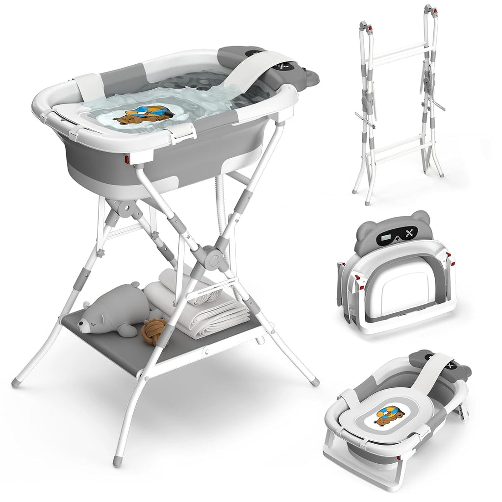 Baby Bathtub with Stand, Foldable Metal Standing Baby Bath Tub, 3-in-1 Anti-Slip Collapsible Tub with Cushion Storage Pad, Elevated Design for Newborn Toddler, Gray