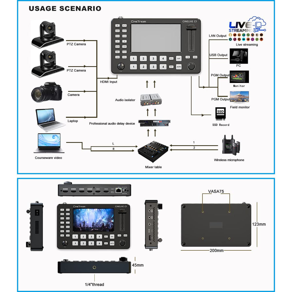CINETREAK C1 4*HDMI Video Mixer Switcher with 5inch Screen livestream Video Mixer H.264 Recorder with PTZ Camera Control Broadcast switcher Live Production Mixer for OBS,Vmix,YouTube,Ins