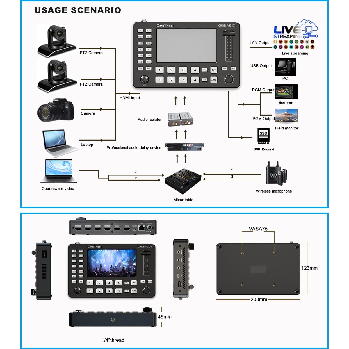 CINETREAK C1 4*HDMI Video Mixer Switcher with 5inch Screen livestream Video Mixer H.264 Recorder with PTZ Camera Control Broadcast switcher Live Production Mixer for OBS,Vmix,YouTube,Ins