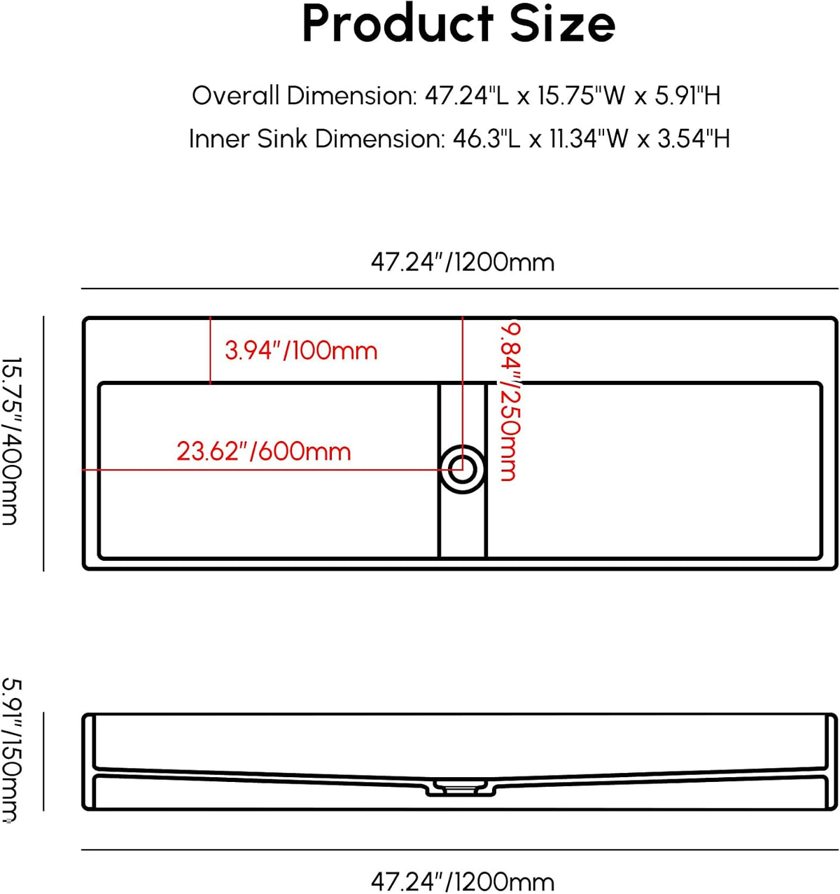 47'' Bathroom Vessel Sink Double-Bowl Bathroom Sink Wall Mounted Trough Floating Sink in Matte White
