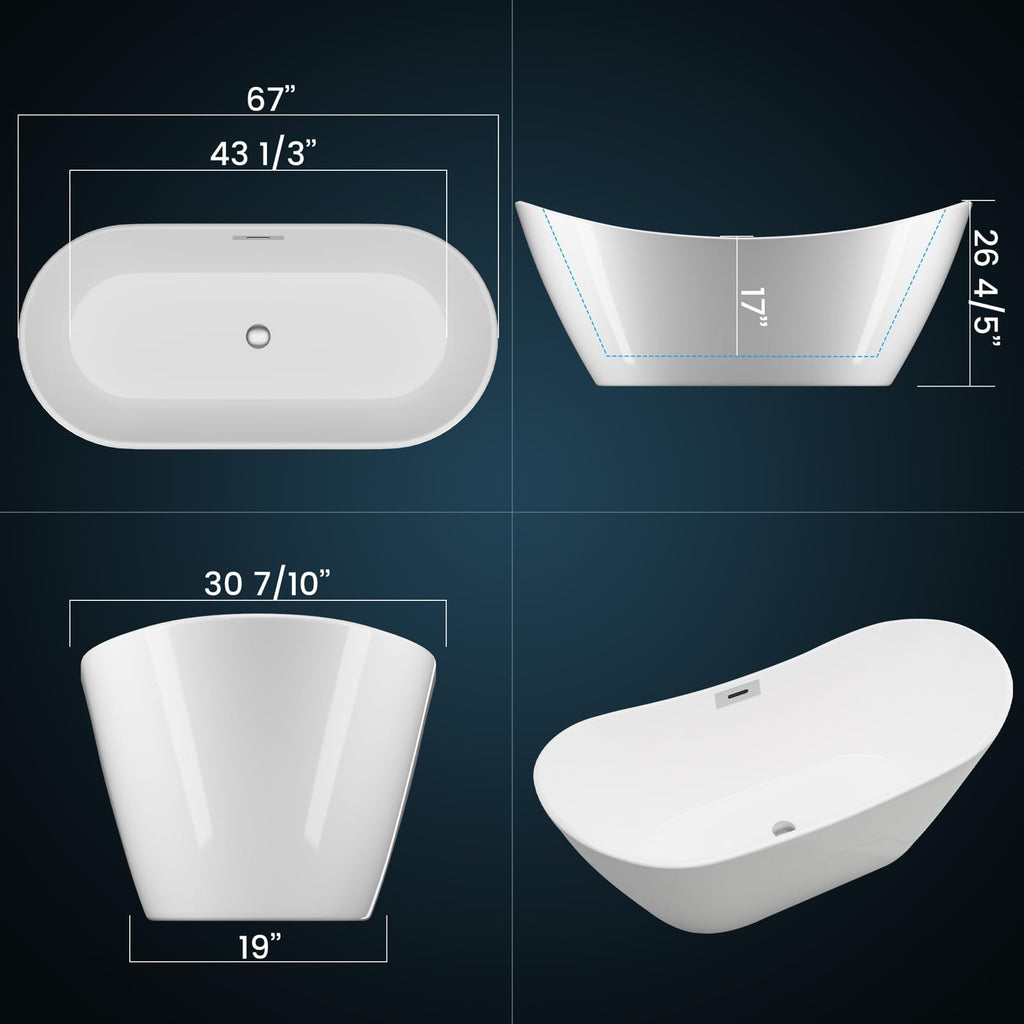 Freestanding Bathtub 59 inch Acrylic Free Standing Tub 59 Inch, Free Standing Tub with Chrome Drain & Overflow, Ergonomic Stand Alone Tub for Small Bathroom or Home Spa