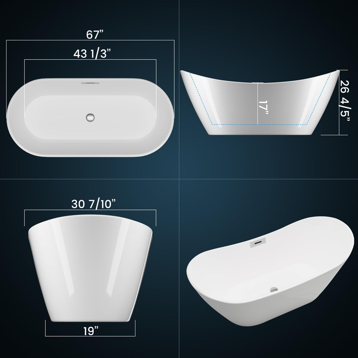 Freestanding Bathtub 59 inch Acrylic Free Standing Tub 59 Inch, Free Standing Tub with Chrome Drain & Overflow, Ergonomic Stand Alone Tub for Small Bathroom or Home Spa