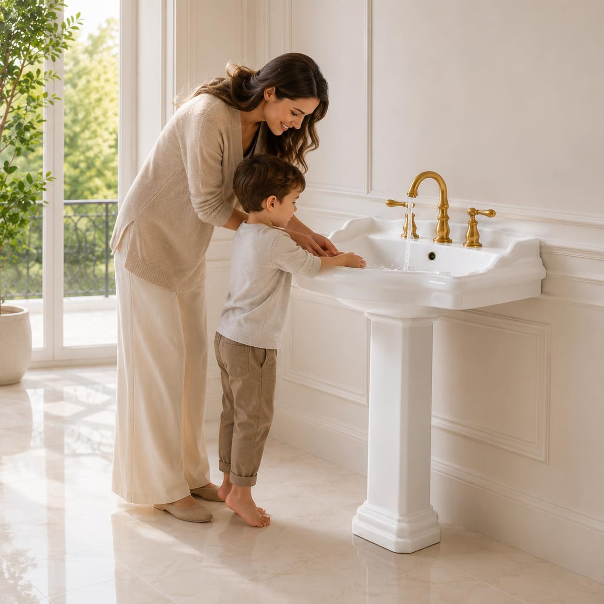 Garvee White Ceramic Pedestal Bathroom Sink, Single Hole Freestanding Basin