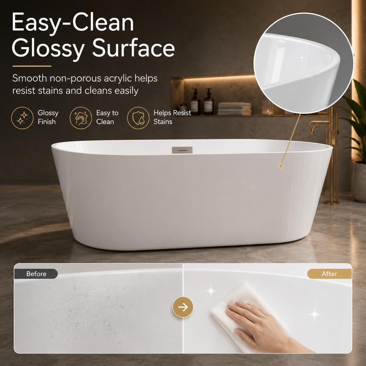 Freestanding Bathtub 59 inch Acrylic Free Standing Tub 59 Inch, Free Standing Tub with Chrome Drain & Overflow, Ergonomic Stand Alone Tub for Small Bathroom or Home Spa