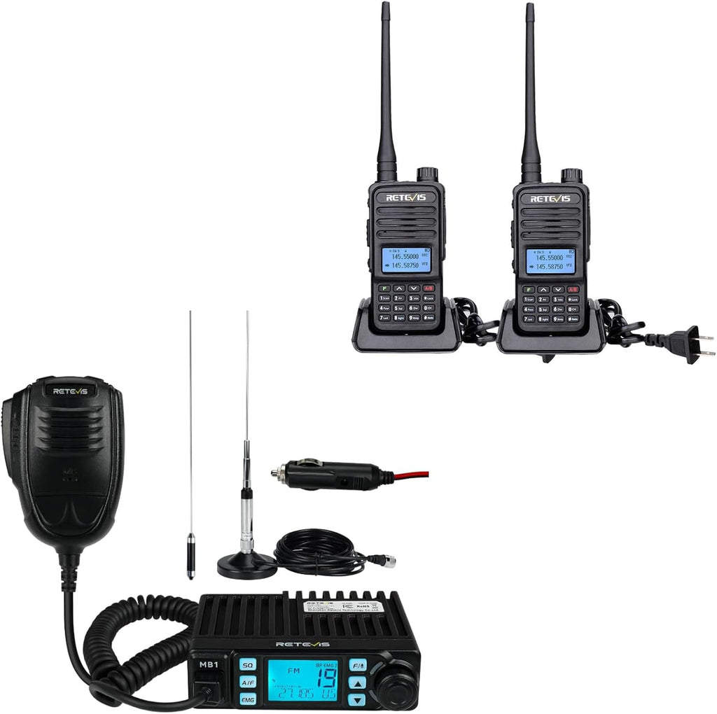 Retevis RT85 Walkie Talkies Long Range, Dual Band Ham Radio(2 Pack), 1400 mAh Battery, Bundle with Retevis MB1 CB Radio(1 Pack), AM/FM CB Radio Kit with Antenna, 2 Way Radio for Car Traveling