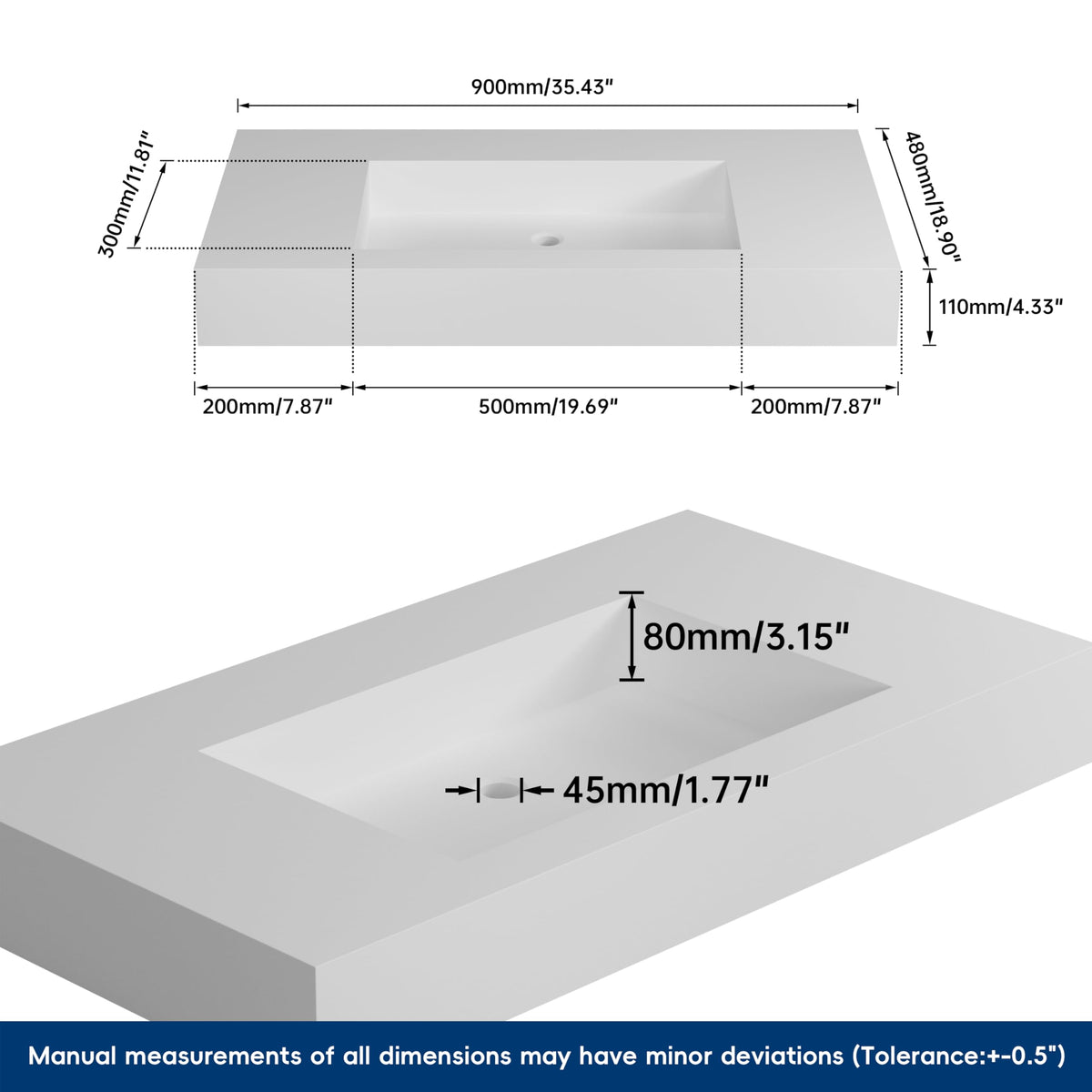 47" Wall Mount Sink, Artificial Stone Bathroom Sink, Single Hole