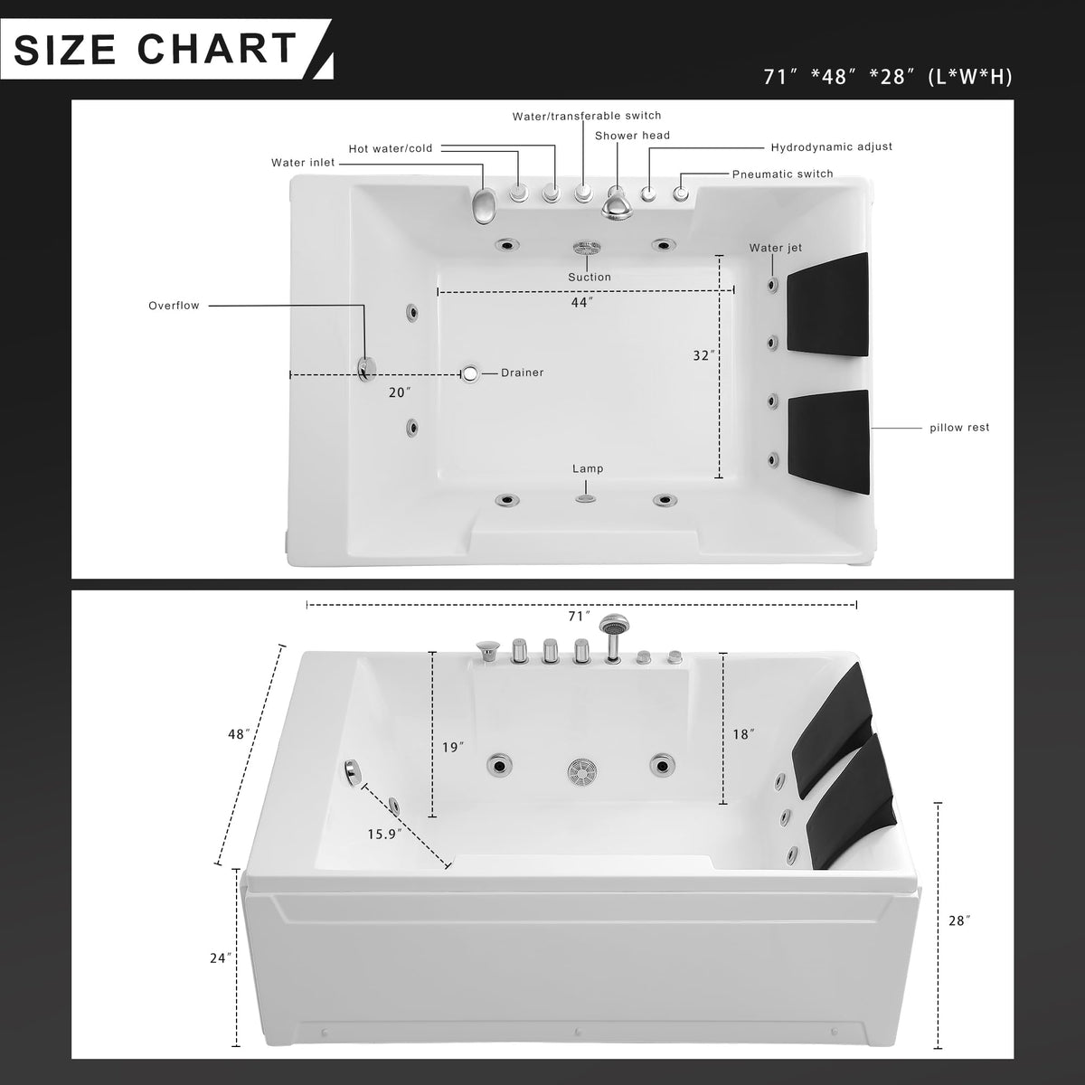 Empava Acrylic Whirlpool Bathtub, 71" Jetted Tub with Healing Chromotherapy
