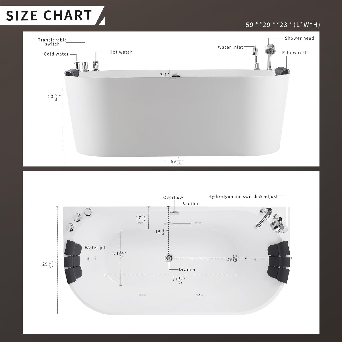 Empava 59" Corner Jetted Bathtub - 2 Person Whirlpool Tub with Heater