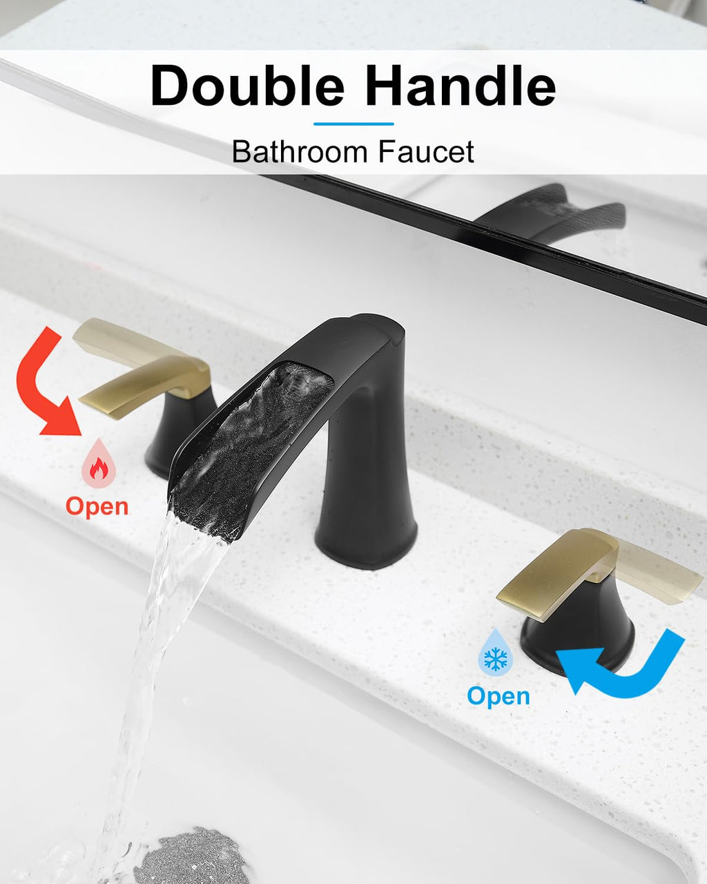 Fapully Brushed Nickel Bathroom Faucet 3 Hole, Waterfall 8 Inch Widespread Bathroom Sink Faucet with Pop-up Drain, Two-Handle Faucet for Bathroom Sink