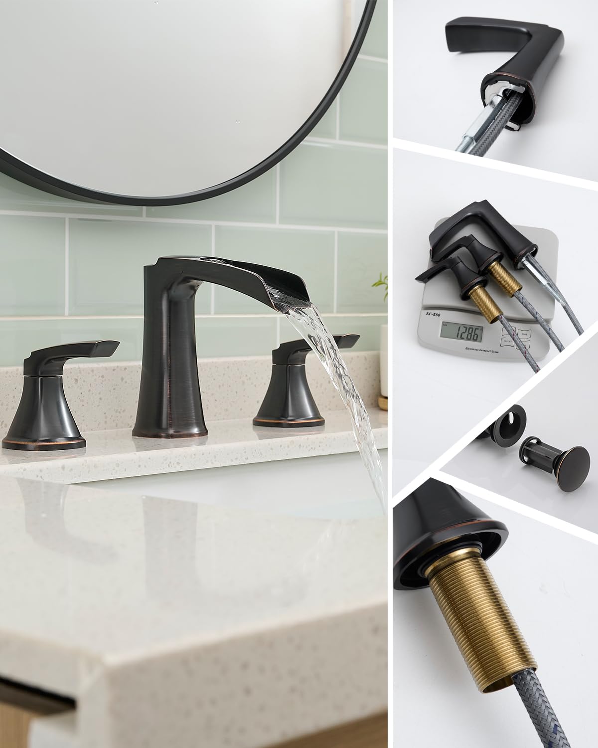 Fapully Brushed Nickel Bathroom Faucet 3 Hole, Waterfall 8 Inch Widespread Bathroom Sink Faucet with Pop-up Drain, Two-Handle Faucet for Bathroom Sink
