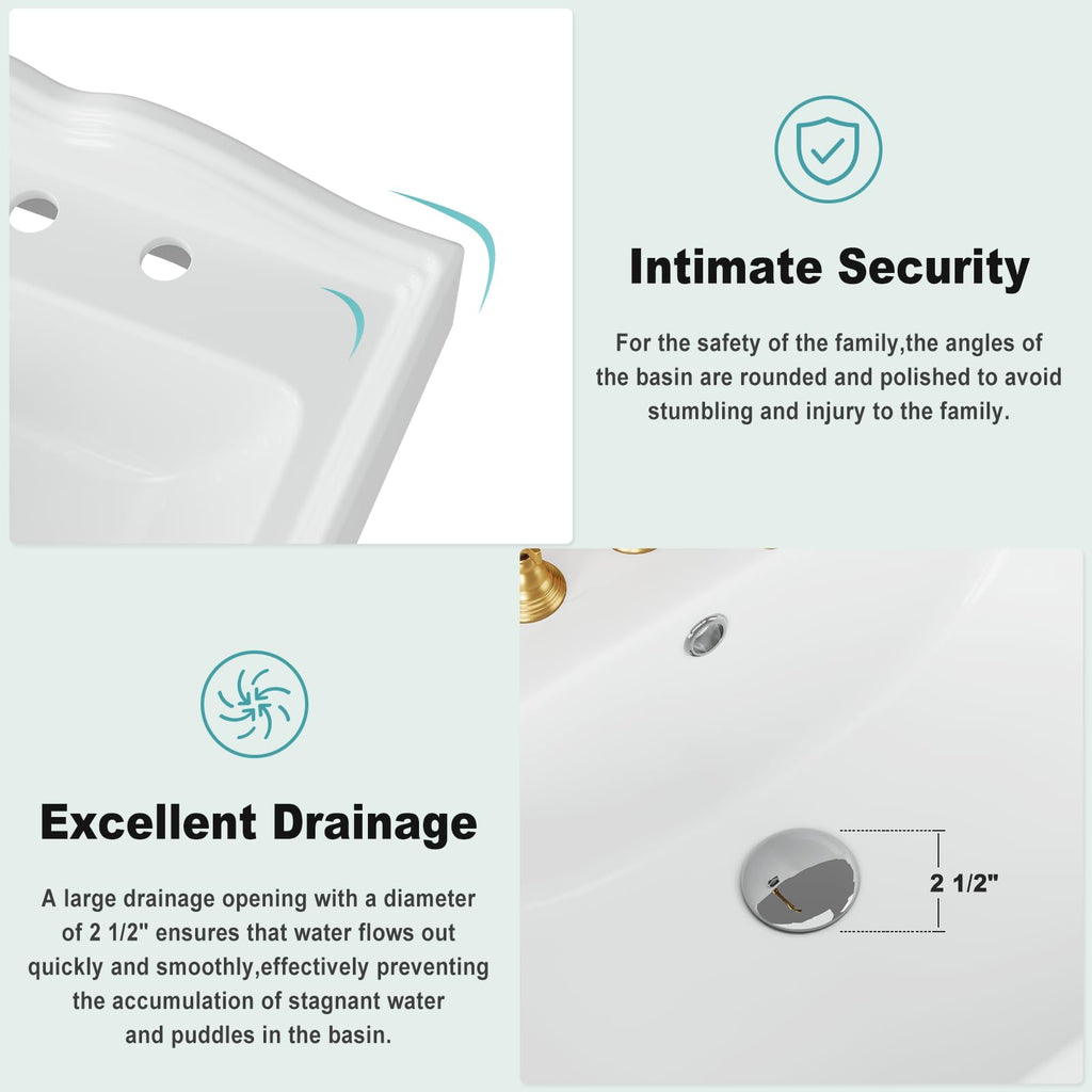 26" W X 20" D Bathroom Pedestal Sink, Rectangular White Ceramic Vanity Sink with Overflow and 3 Pre-Drilled Holes - Fits 8-Inch Faucets,Freestanding Restroom Sink Combo for Small Spaces