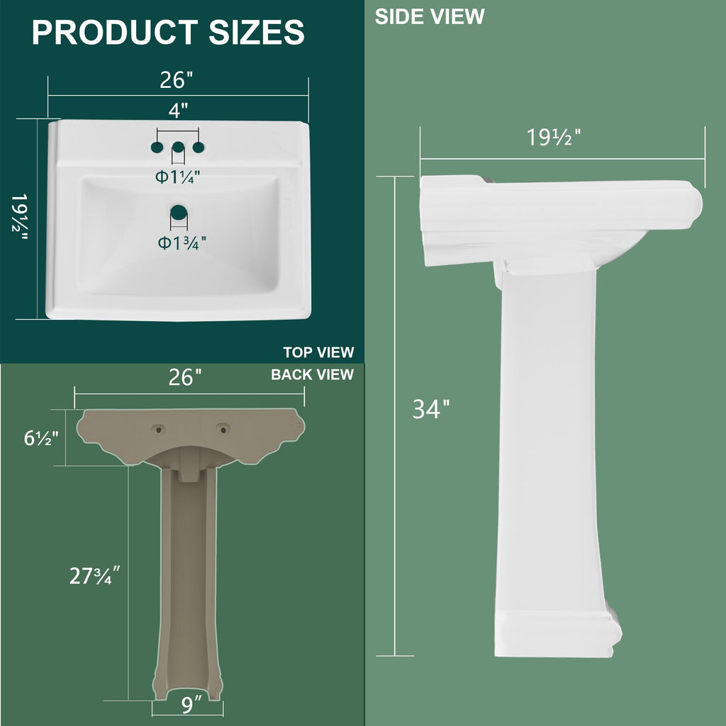 Miuara Freestanding 23 x19 Inch White Pedestal Sink 3 Hole for Bathroom