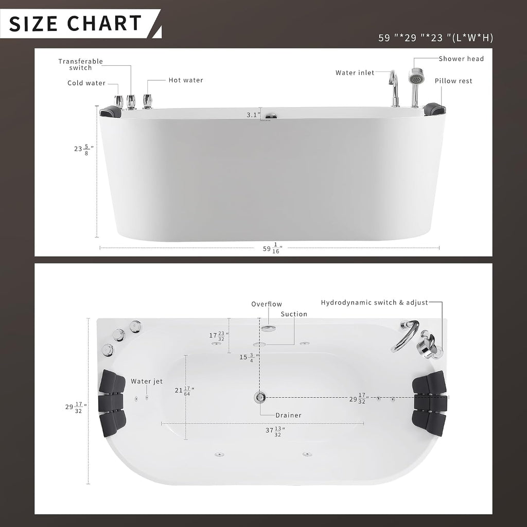 Empava 59 in. Acrylic Freestanding Tub Hydromassage Gracefully Oval Shaped