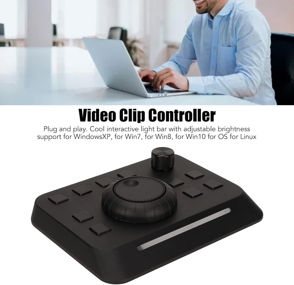 Video Editing Controller Console with 10 Custom Buttons, Aluminum Alloy, Plug and Play, Adjustable Light Bar, USB Control Compatible with Premiere, Final Cut, Edius