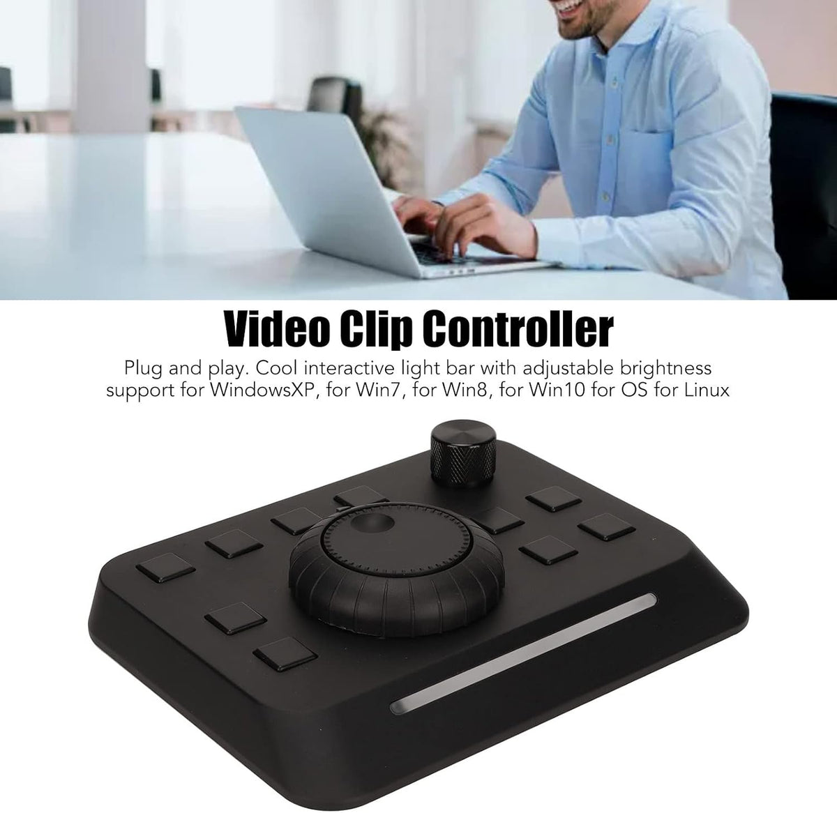 Video Editing Controller Console with 10 Custom Buttons, Aluminum Alloy, Plug and Play, Adjustable Light Bar, USB Control Compatible with Premiere, Final Cut, Edius