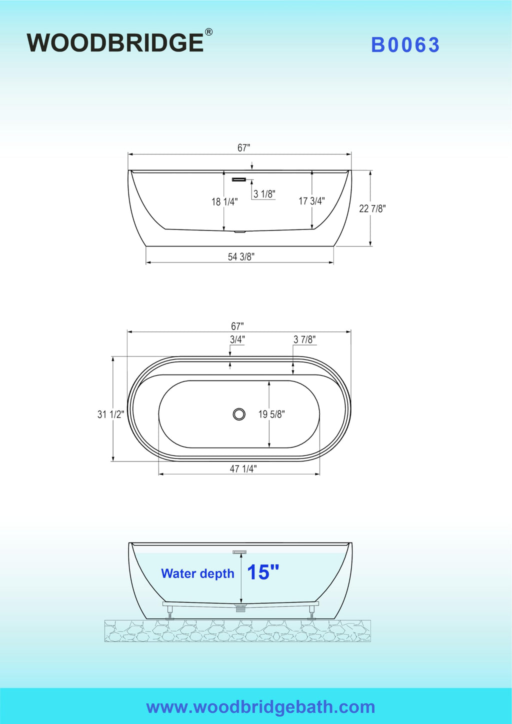 WOODBRIDGE 72" Acrylic Freestanding Bathtub Contemporary Soaking White Tub with Brushed Nickel Overflow and Drain,B0059BN