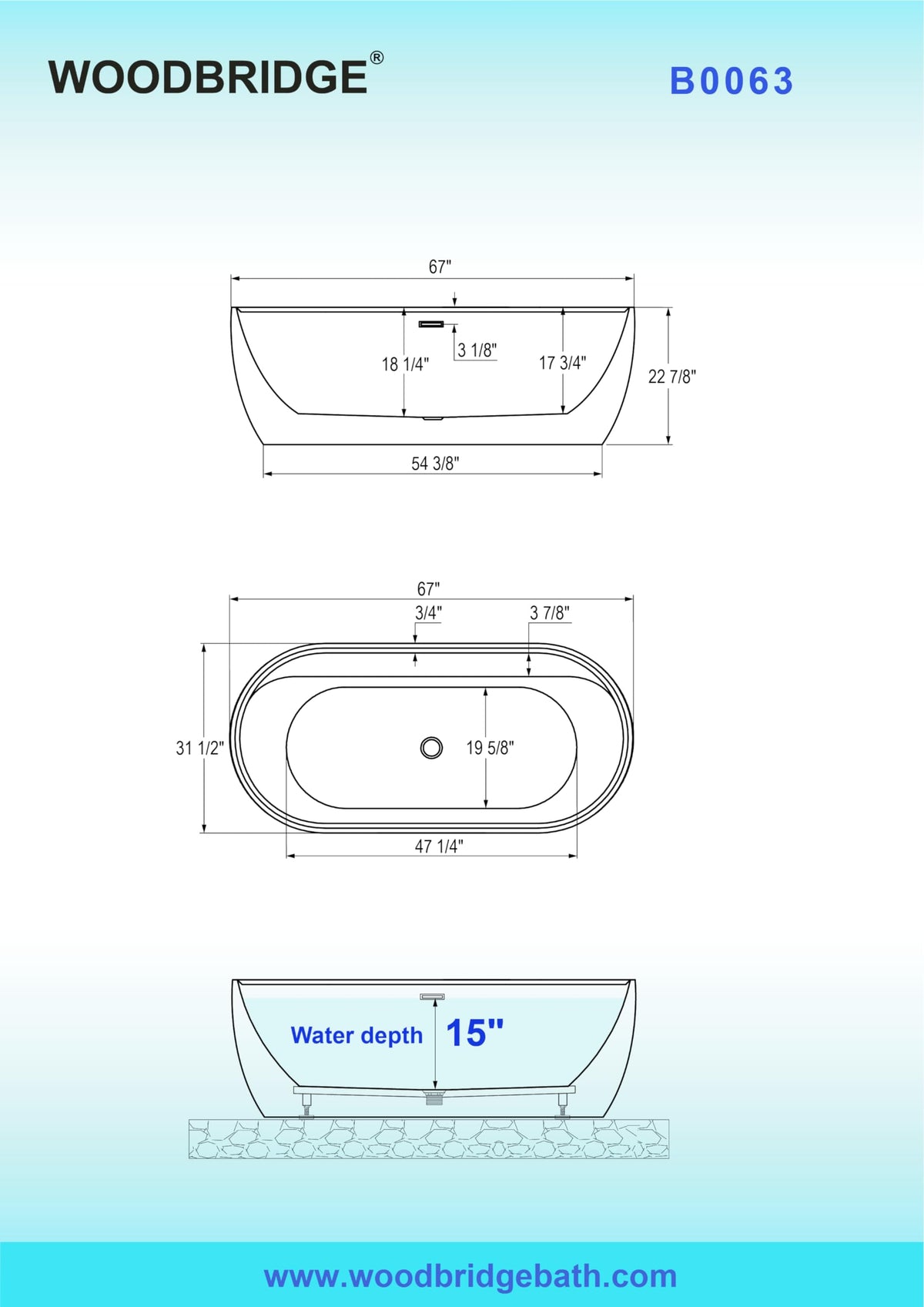 WOODBRIDGE 72" Acrylic Freestanding Bathtub Contemporary Soaking White Tub with Brushed Nickel Overflow and Drain,B0059BN