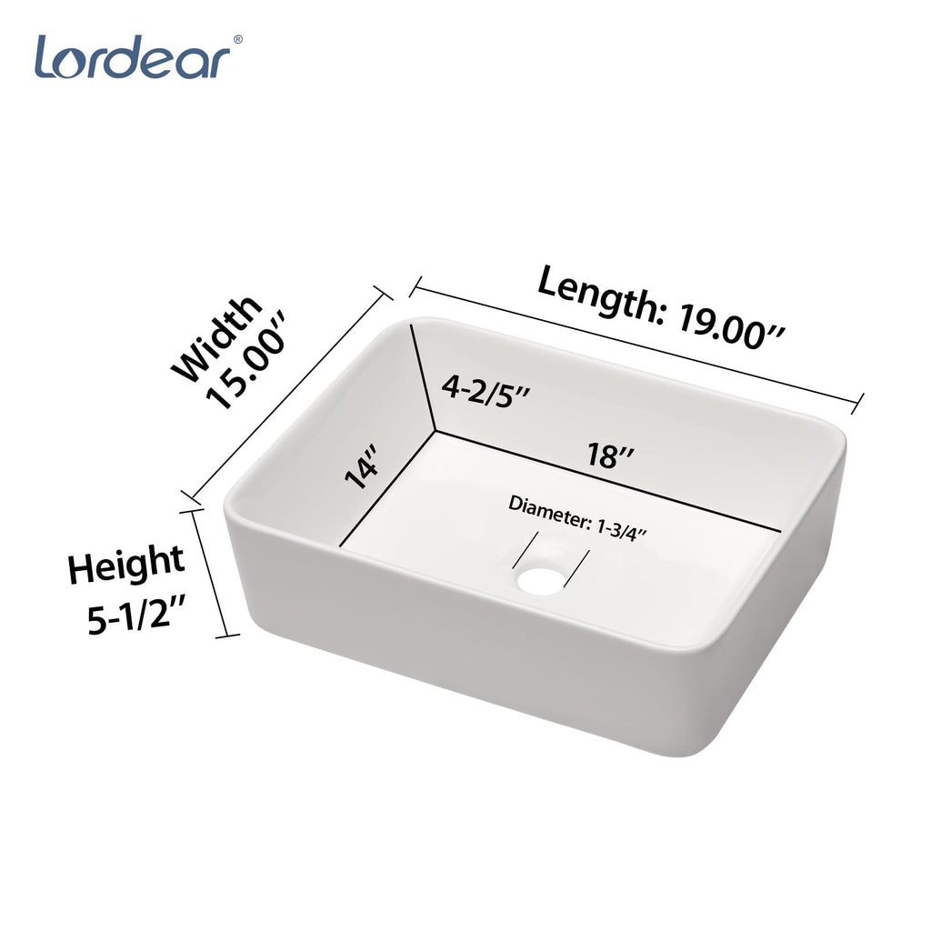 Bathroom Vessel Sink 19"x15" Rectangle Sink Above Counter White Porcelain Ceramic Modern Vanity Sink Art Basin with Faucet Hole