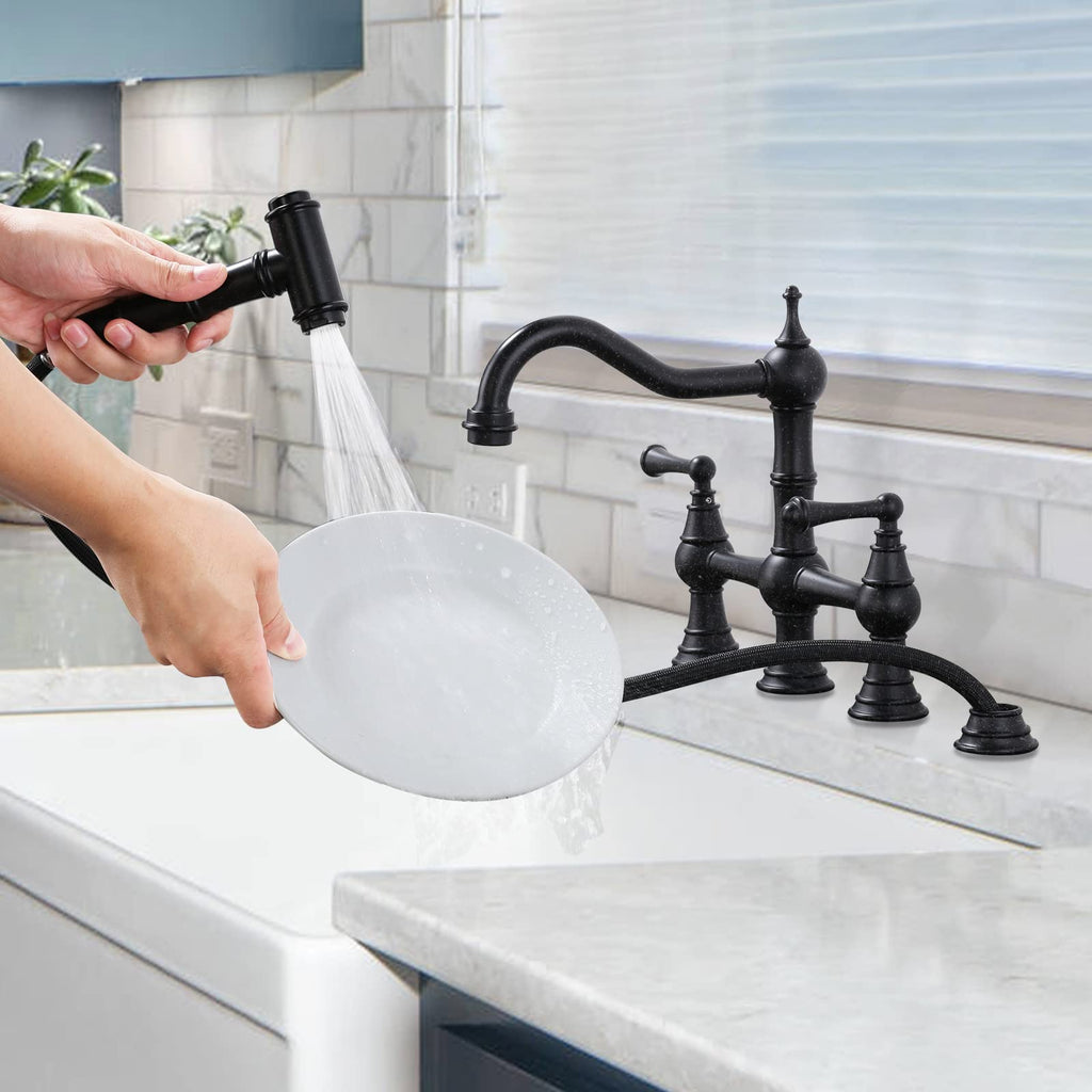 WOWOW Brass Bridge Kitchen Faucet 4 Hole with Side Sprayer, Brushed Gold