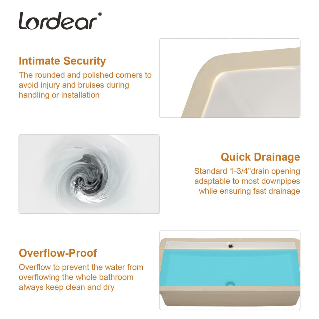 Lordear 17x12 Inch Undermount Bathroom Sink (Installation Size: 15"x10") Vanity Small Sinks Rectangle Pure White Porcelain Ceramic Bath Lavatory Vanity Sink Basin with Overflow