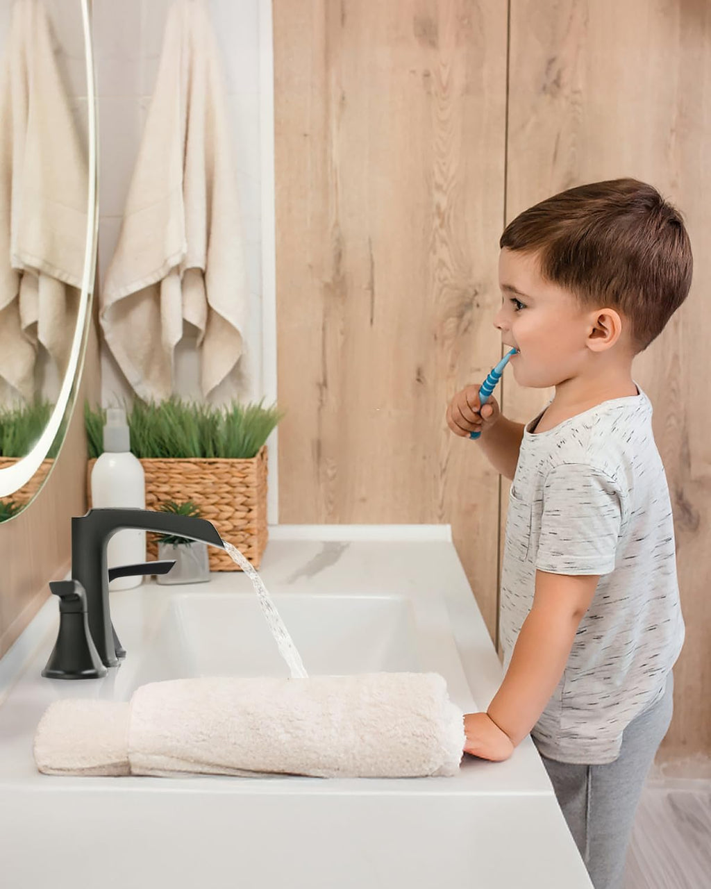 Fapully Brushed Nickel Bathroom Faucet 3 Hole, Waterfall 8 Inch Widespread Bathroom Sink Faucet with Pop-up Drain, Two-Handle Faucet for Bathroom Sink