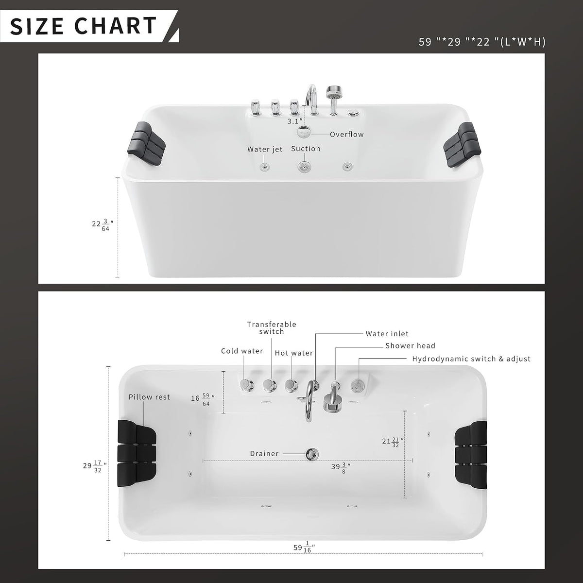 Empava 59" White Freestanding Rectangular Whirlpool Bathtub with 8 Adjustable Hydromassage Jets, ETL-Certified, 60-Gallon Capacity, Double-Ended Design & Two Pillows â Spacious for All Body Types