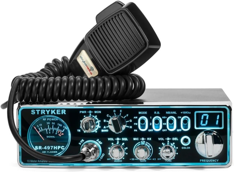 Stryker SR-497HPC 10 Meter Radio, High Power 100+ Watts PEP Power Output, Brilliant 12 Color Black Light Front Panel, Up-Armored Receiver, Variable Talk Back Control, Two Different Roger Beeps