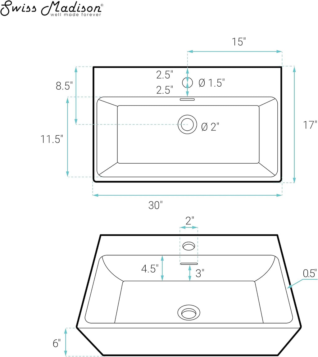 Claire 30" Rectangle Wall Mount Bathroom Sink in Glossy White