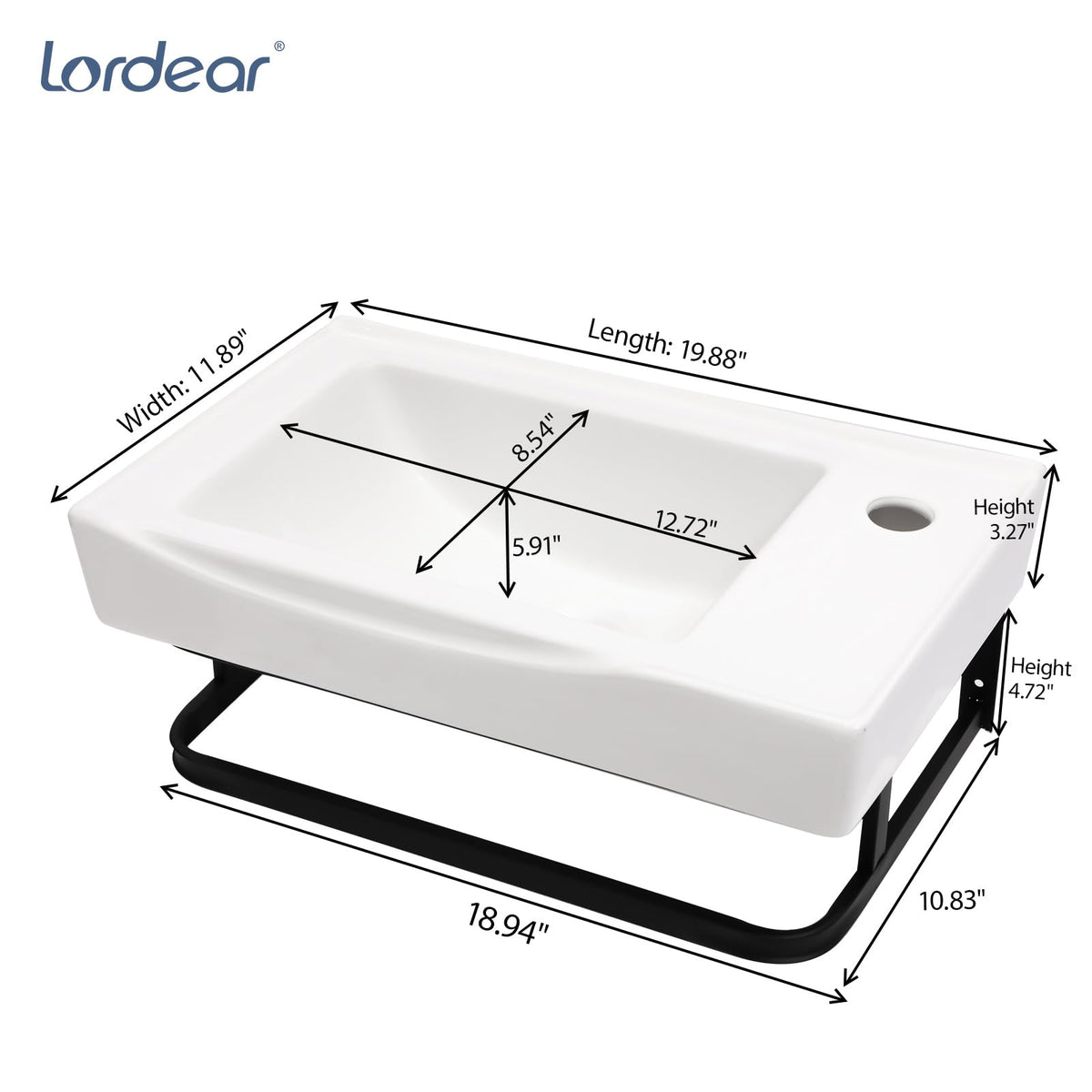 Lordear Wall Mount Bathroom Sink 21x12 Inch White Rectangle Sink with Overflow Porcelain Ceramic Floating Bathroom Vessel Sinks, Wall Hung Wash Hand Basin