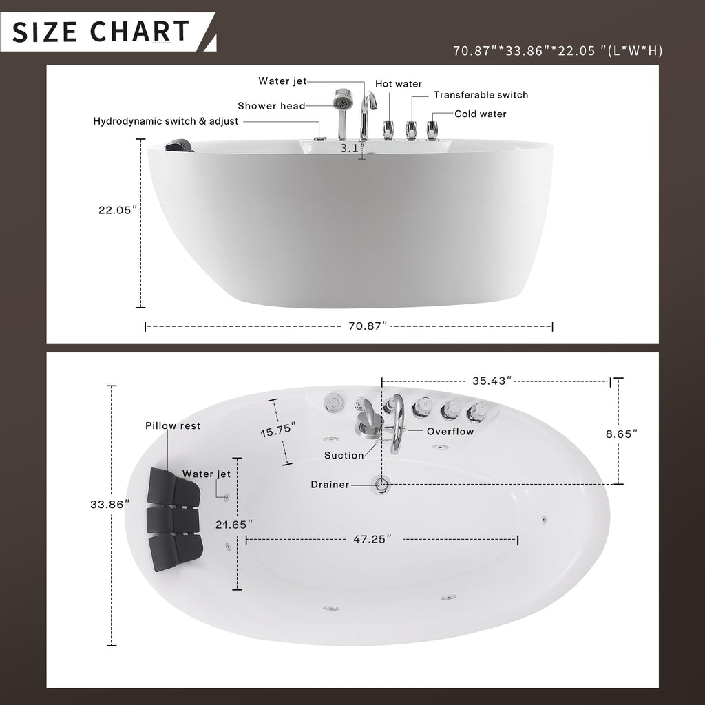 Empava 59" Freestanding Jetted Boat Shaped Whirlpool Bathtub, 8 Jets, ETL