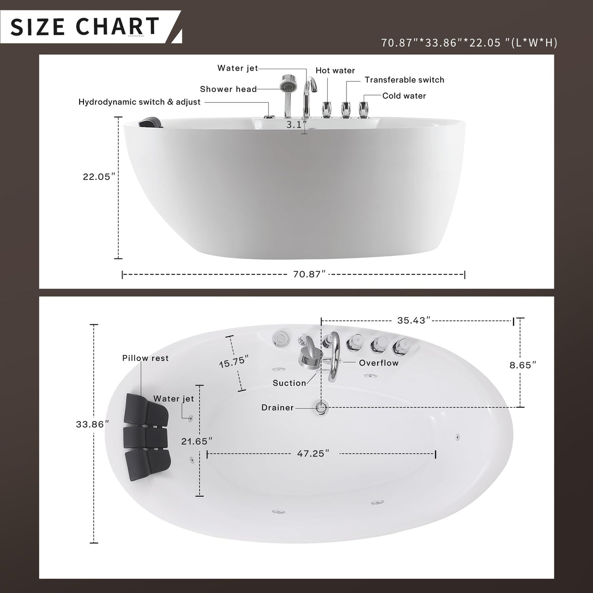 Empava 59" Freestanding Jetted Boat Shaped Whirlpool Bathtub, 8 Jets, ETL