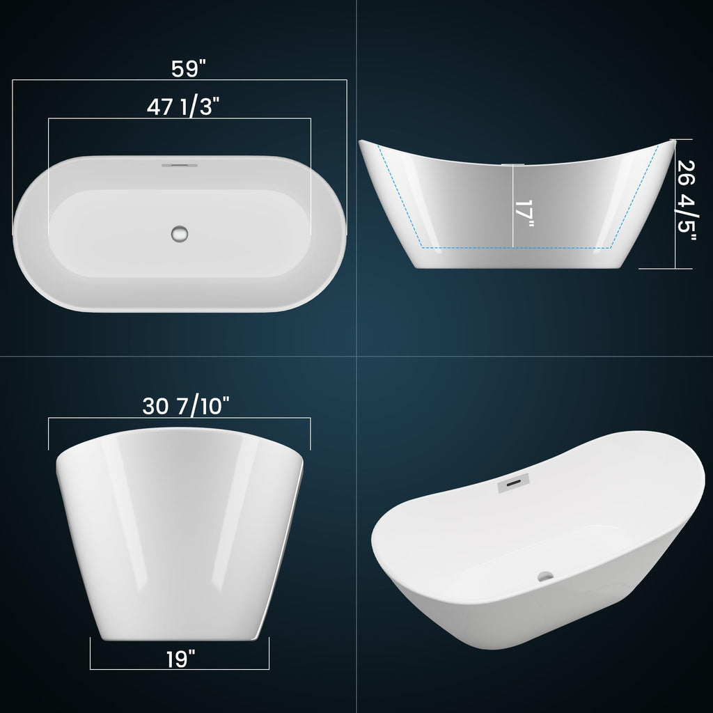 Freestanding Bathtub 59 inch Acrylic Free Standing Tub 59 Inch, Free Standing Tub with Chrome Drain & Overflow, Ergonomic Stand Alone Tub for Small Bathroom or Home Spa