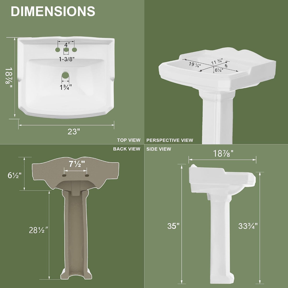 23"x19" Porcelain Retro Bathroom Pedestal Sink White 3 Hole
