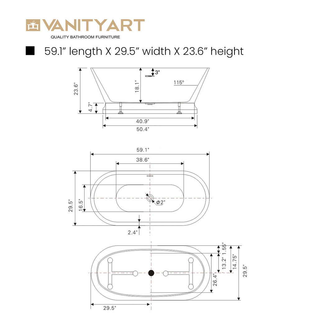 Vanity Art 59 x 30 Inches Freestanding Bathtub Acrylic Modern Stand Alone Soaking Tub with UPC Certified Slotted Overflow and Pop-up Center Drain, White VA6610-S