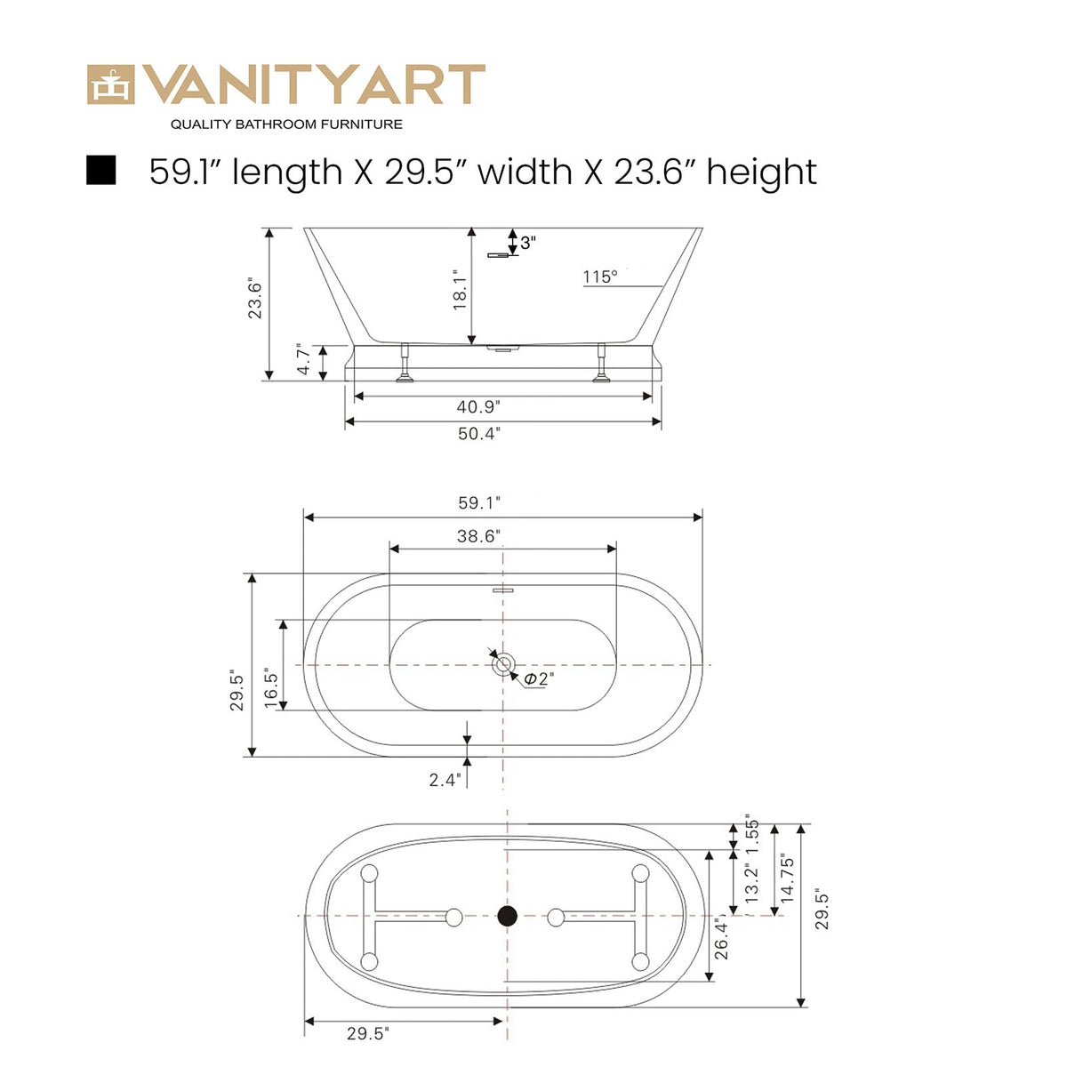 Vanity Art 59 x 30 Inches Freestanding Bathtub Acrylic Modern Stand Alone Soaking Tub with UPC Certified Slotted Overflow and Pop-up Center Drain, White VA6610-S