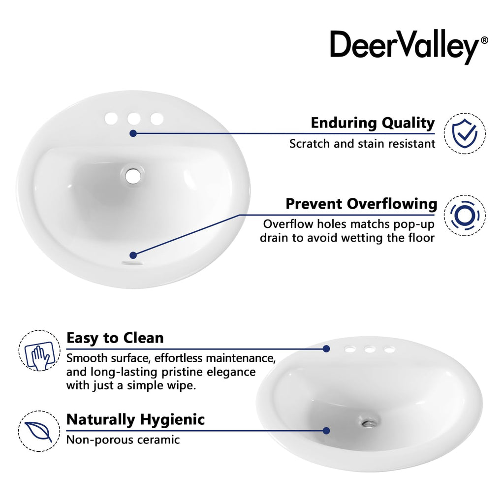 DeerValley Drop In Bathroom Sink White 21"x18" Rectangle Sleek 3-Hole Basin