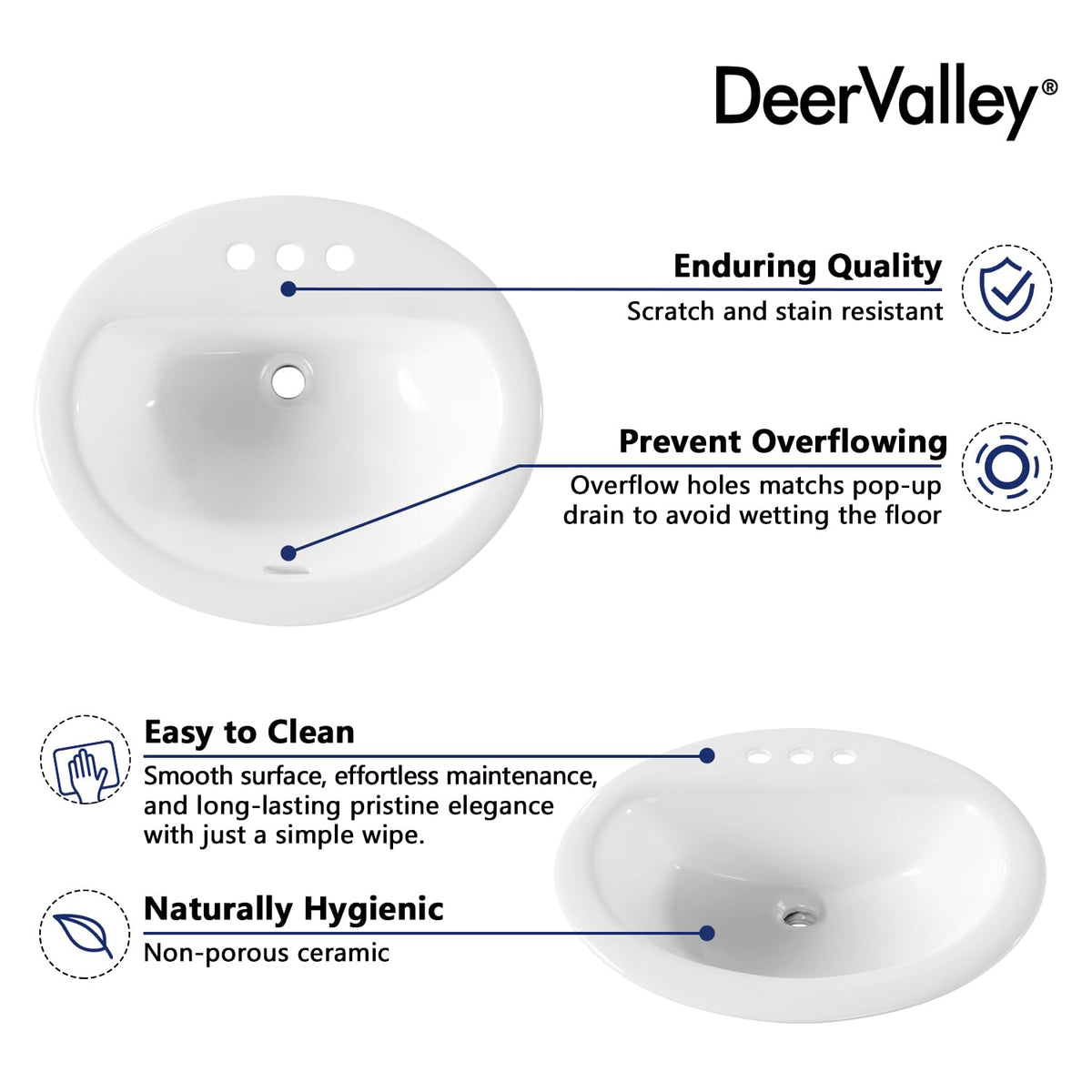 DeerValley Drop In Bathroom Sink White 21"x18" Rectangle Sleek 3-Hole Basin