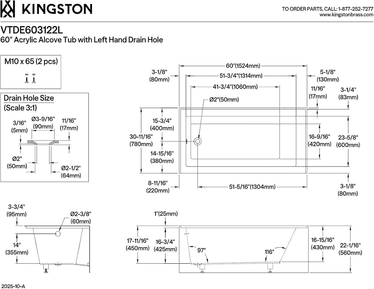 KINGSTON BRASS VTDE603122L 60-Inch Contemporary Alcove Acrylic Bathtub with Left Hand Drain and Overflow Holes, White